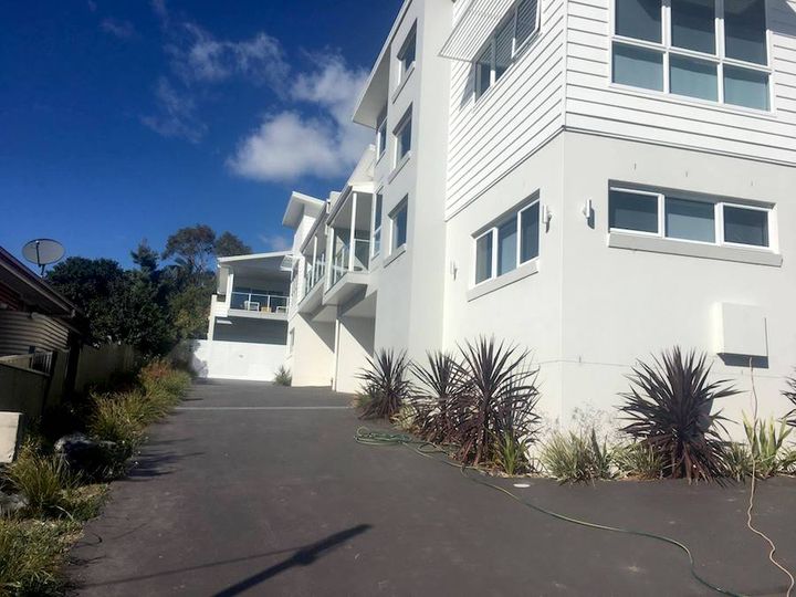 The rendered frontage and driveway of a white two storey unit block