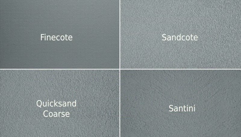 Four render finish samples side by side, labelled Finecote, Sandcote, Quicksand Coarse and Santini